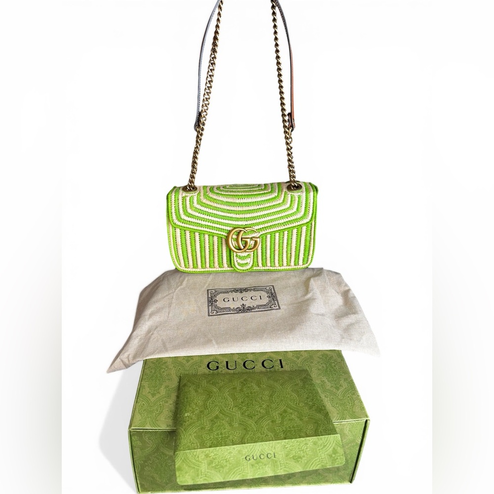 Gucci Raffia Small GG Marmont Green Shoulder Bag - Picture 12 of 12